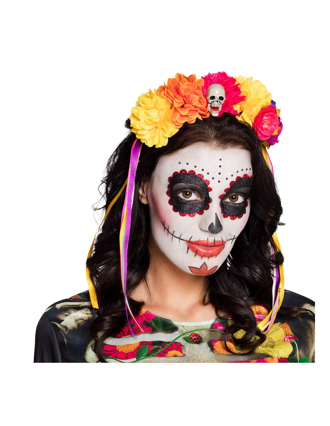 Serre-Tête Halloween Femme - Fleurs Noires Et Voile Toile D'Araignée, Pour Déguisement Dia De Los Muertos